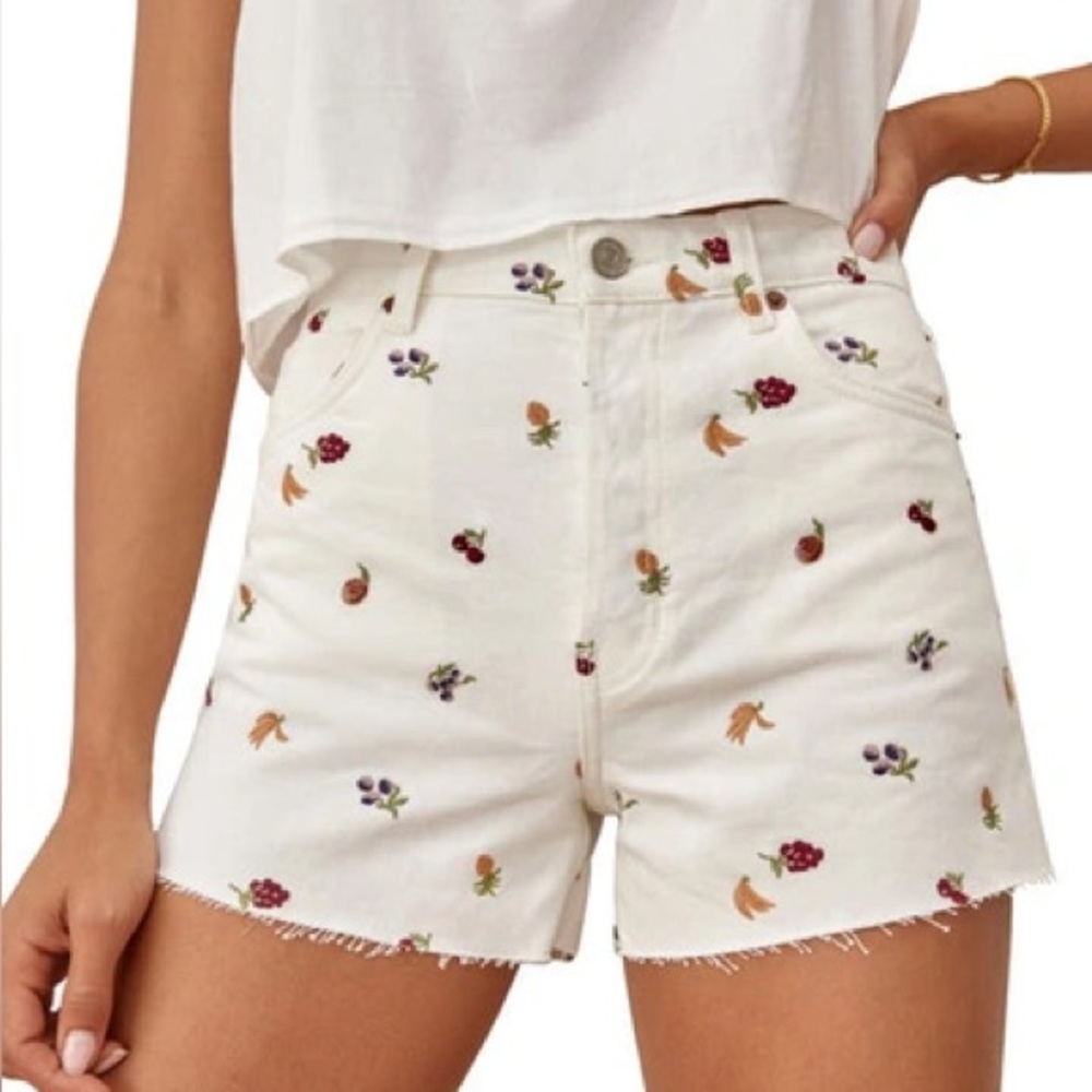 Reformation Cream High-Waist Embroidered Fruit Denim Shorts